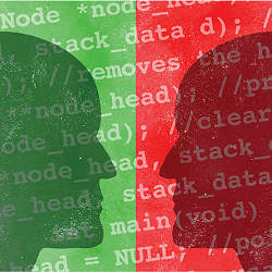 opposing faces with computer code as backdrop