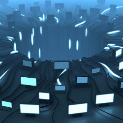 computers at edge of crator, illustration