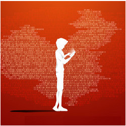 boy holding mobile phone, map of China background, illustration