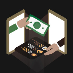 hands swap cash for goods through tablet computer screens, illustration