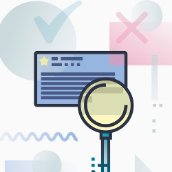 magnifying glass and checked circle and x'd box, illustration