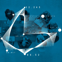 pattern over aerial view of people sitting around a conference table