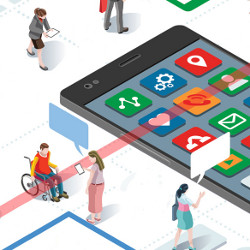 people interact around oversized smartphone, illustration
