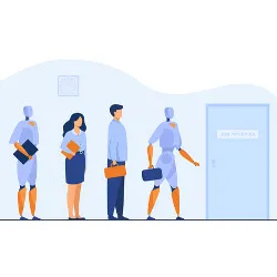 robots and people in job interview line, illustration