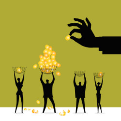 hand putting an egg into one of four baskets, illustration