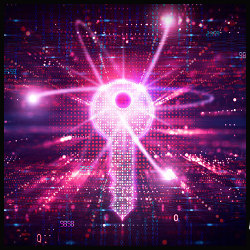 key encircled by swirling atomic particles