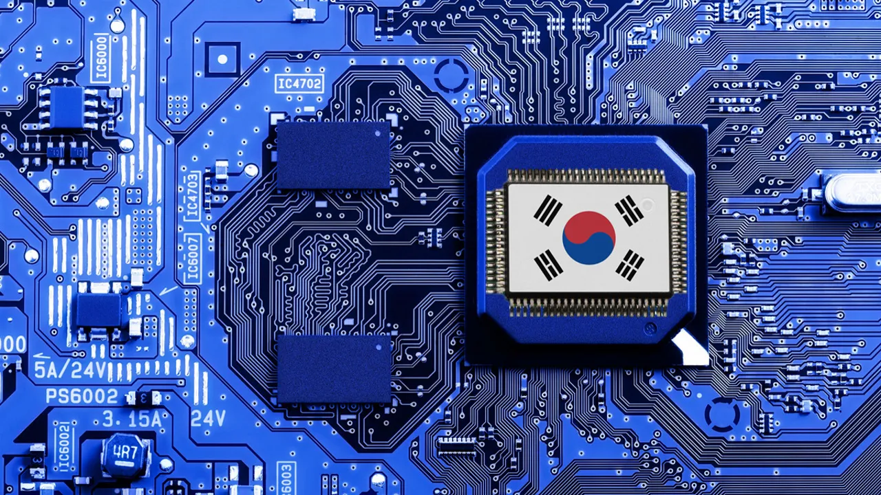 circuit board with a chip marked by the flag of South Korea