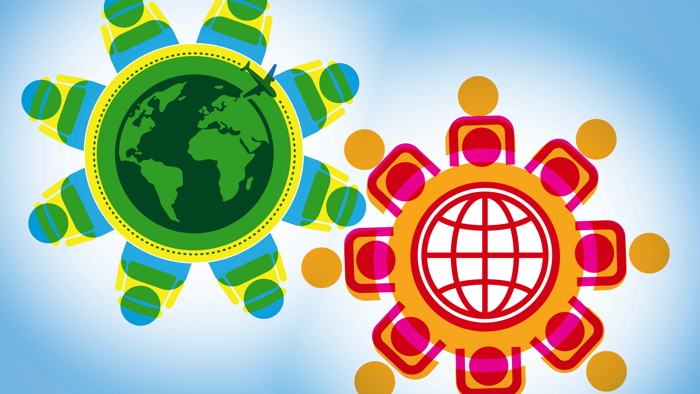 icons of people sitting around tables that look like globes, illustration