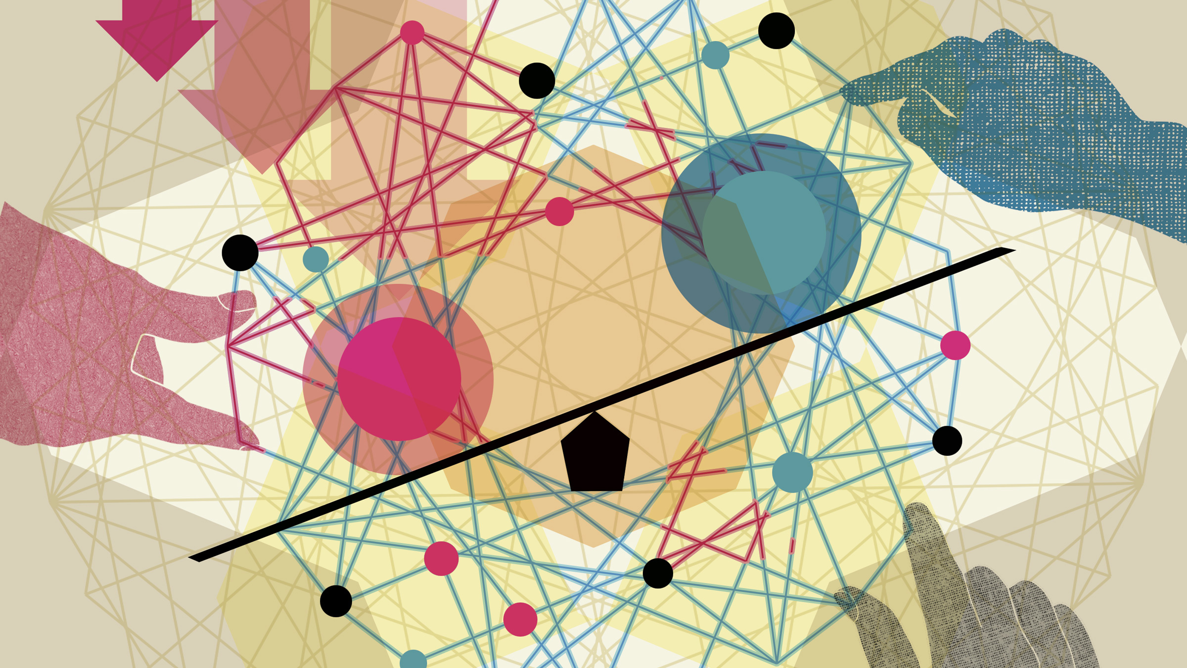 hands manipulate a vertex structure around two balls, illustration