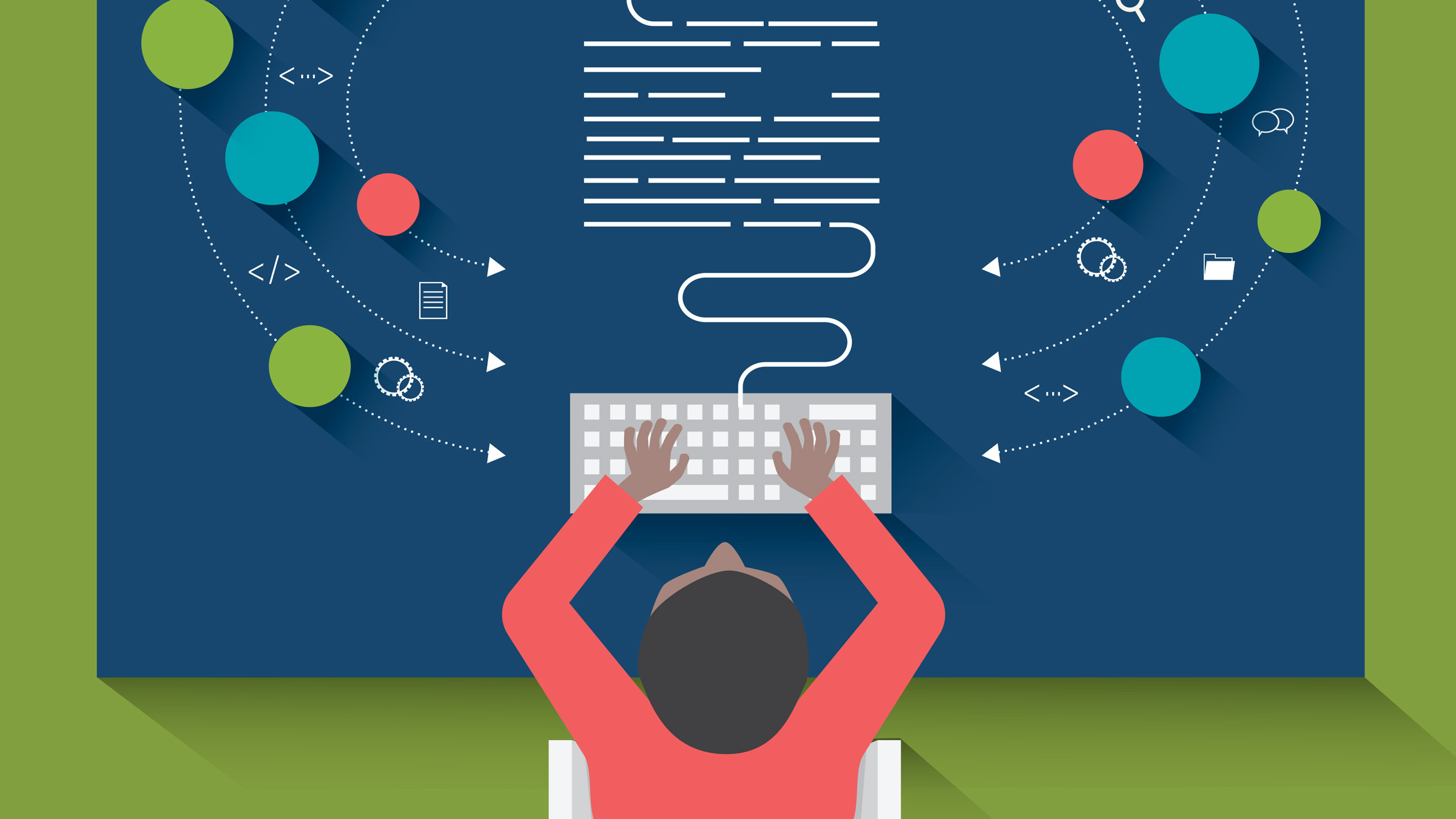 student at desktop of colored lights, illustration