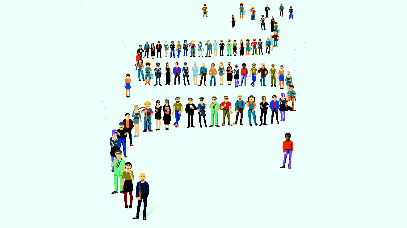 crowd of people, standing in line, illustration