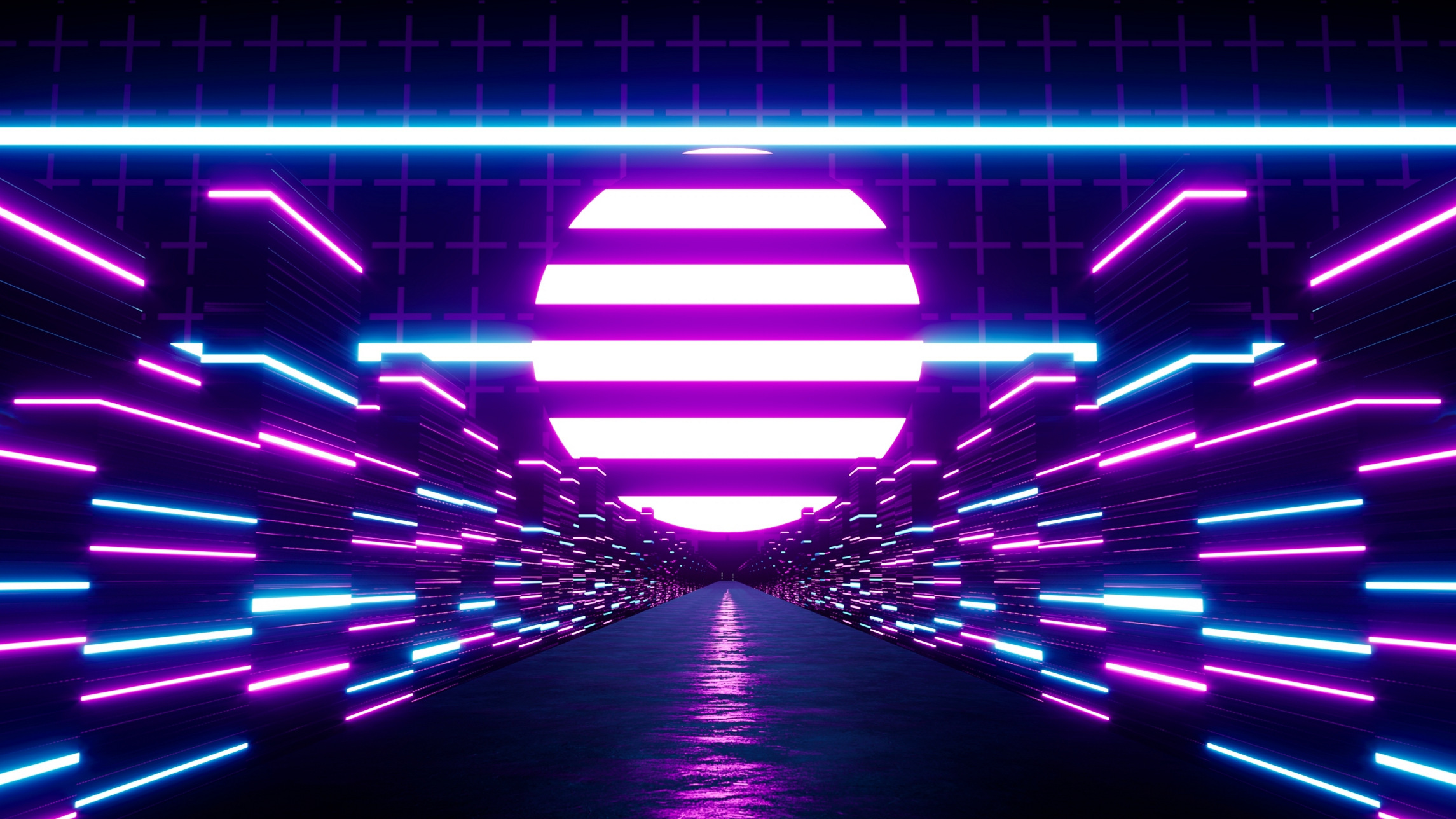 3D planes of light on a horizon, illustration