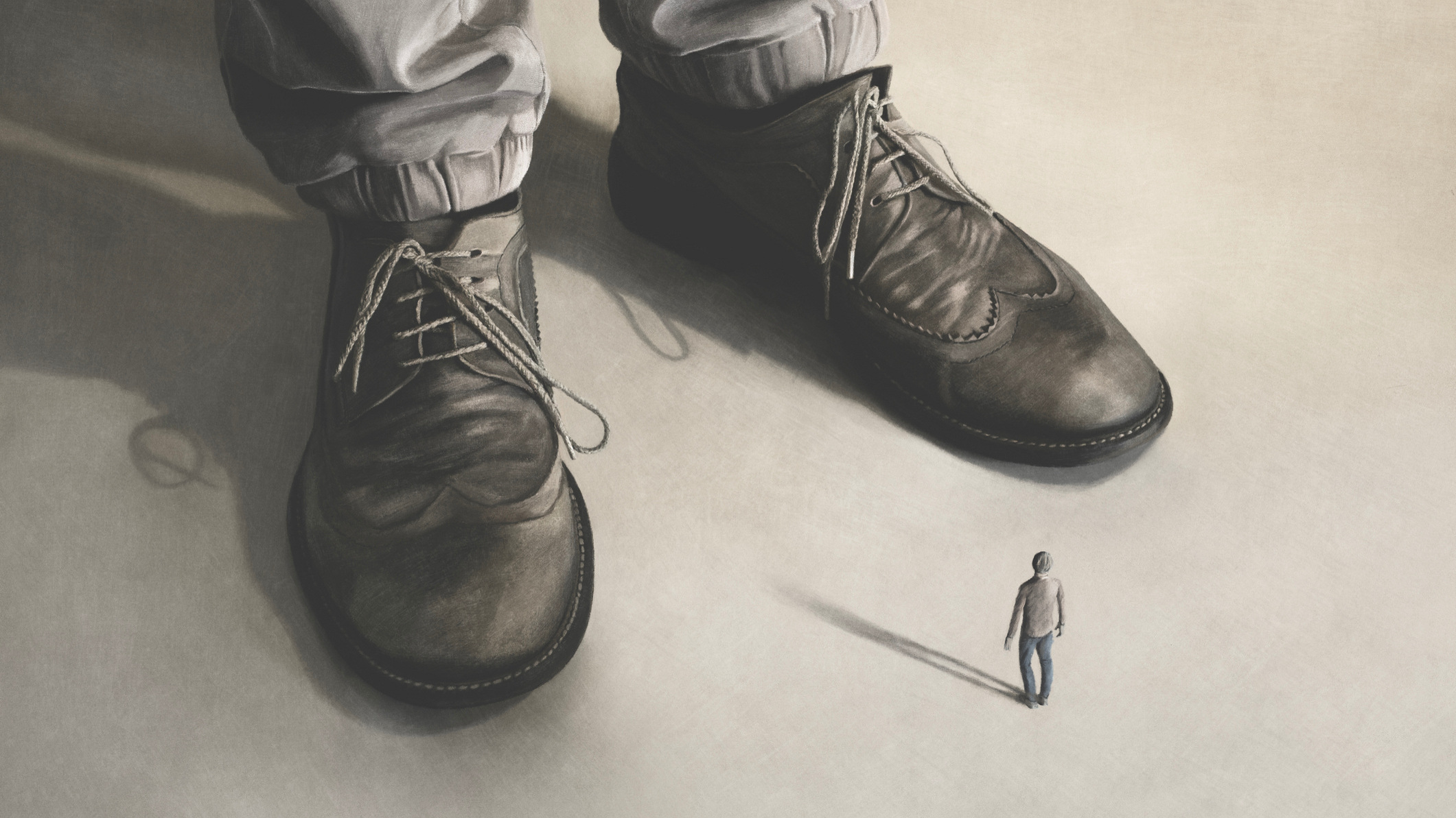 giant shoes next to a tiny person, illustration