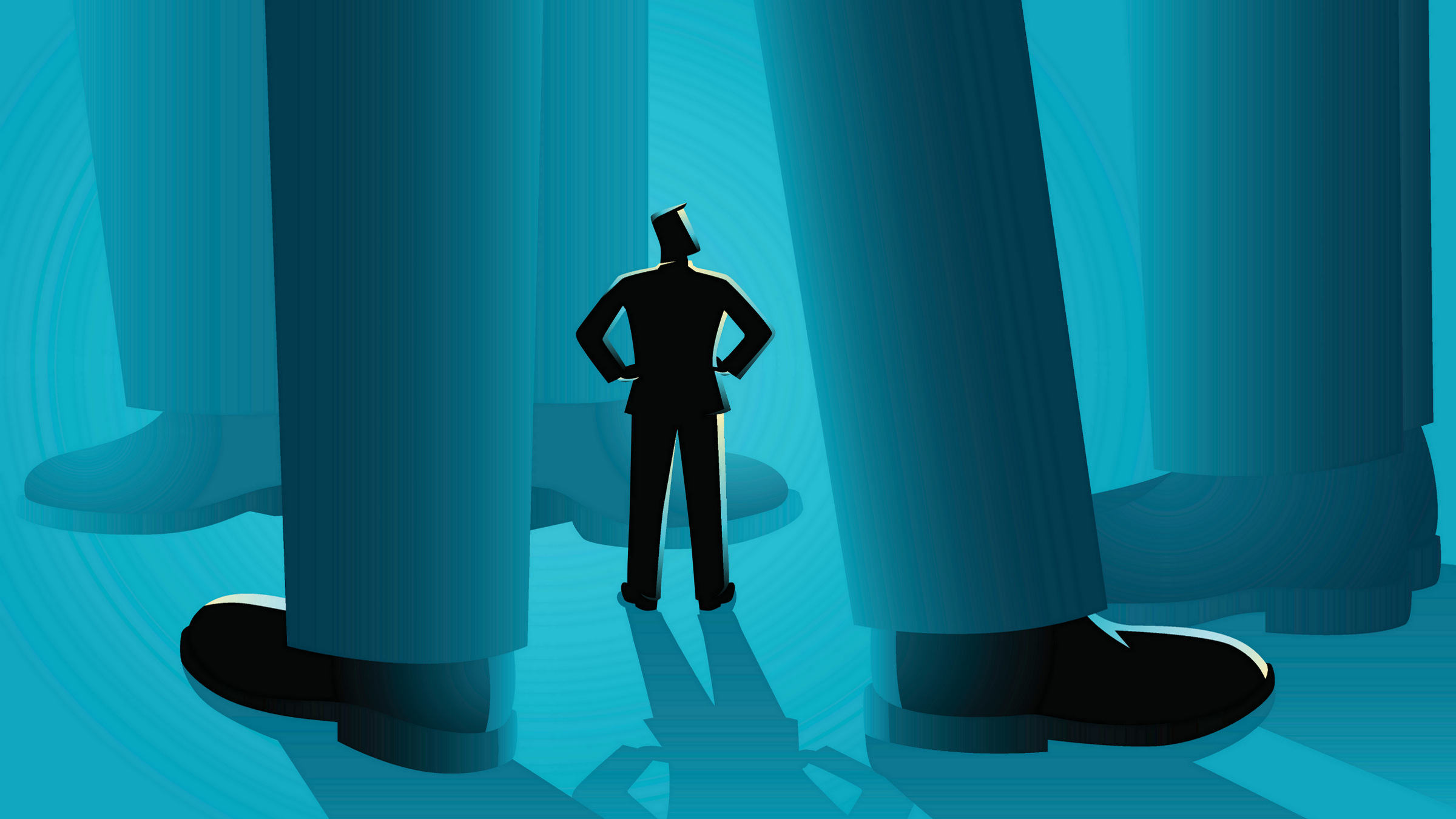 small man standing amidst giant legs, illustration