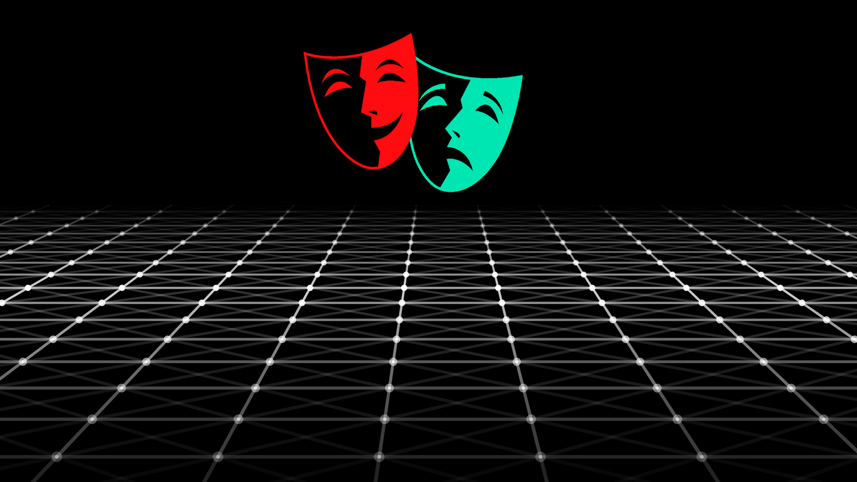 masks of tragedy and comedy on a digital grid