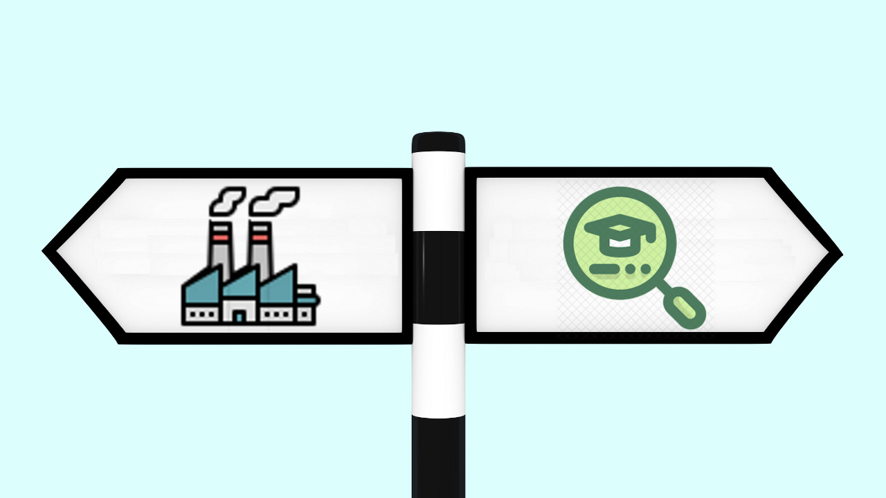 road sign arrows pointing to industry and academia