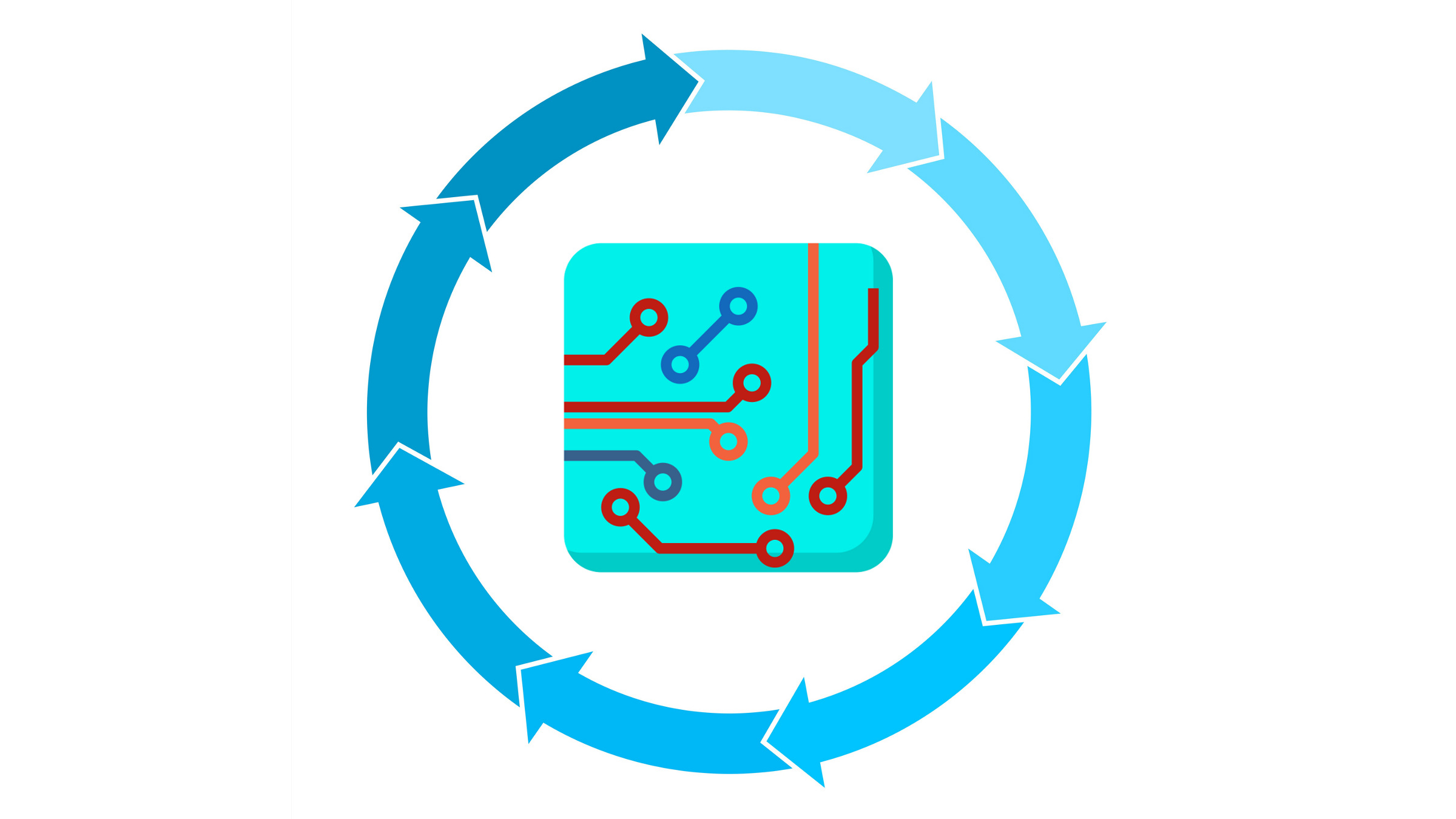 circuit board inside a blue circle of arrows