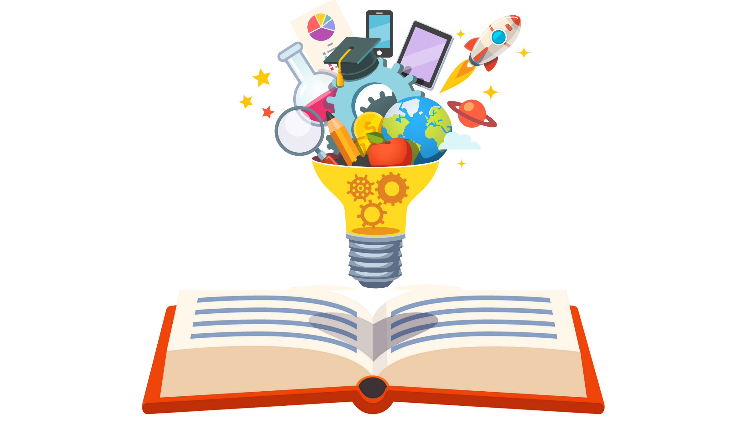 light bulb with gears floating over a book