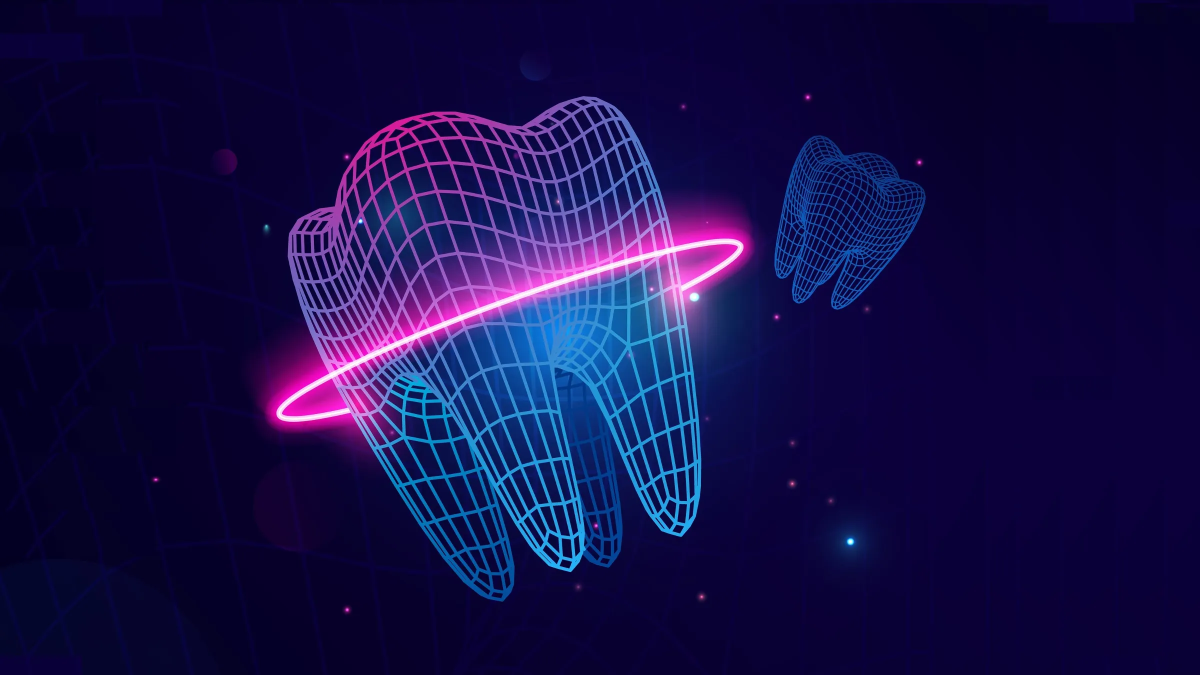 wireframe tooth with glowing ring, illustration