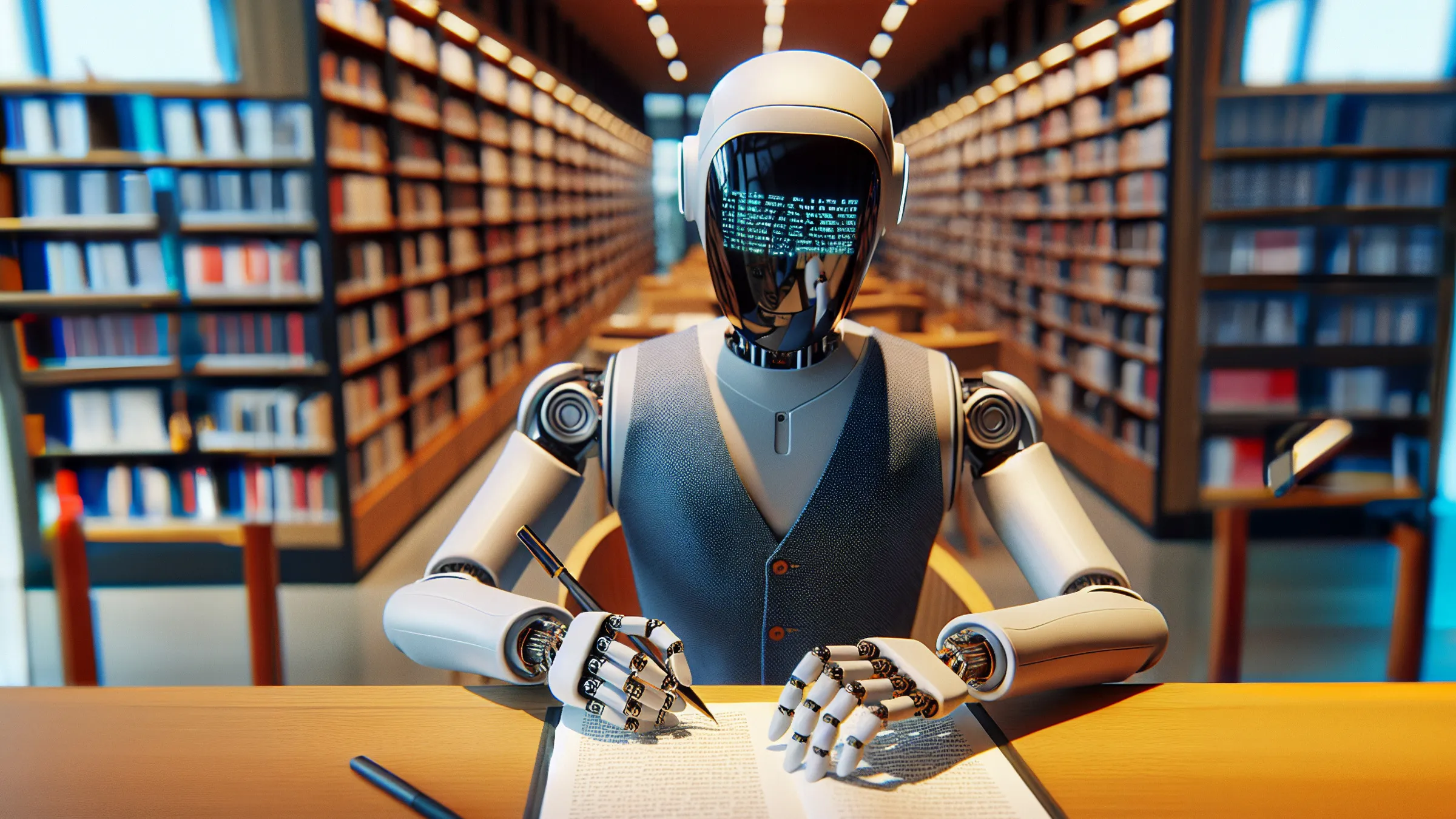 robot writing in a library