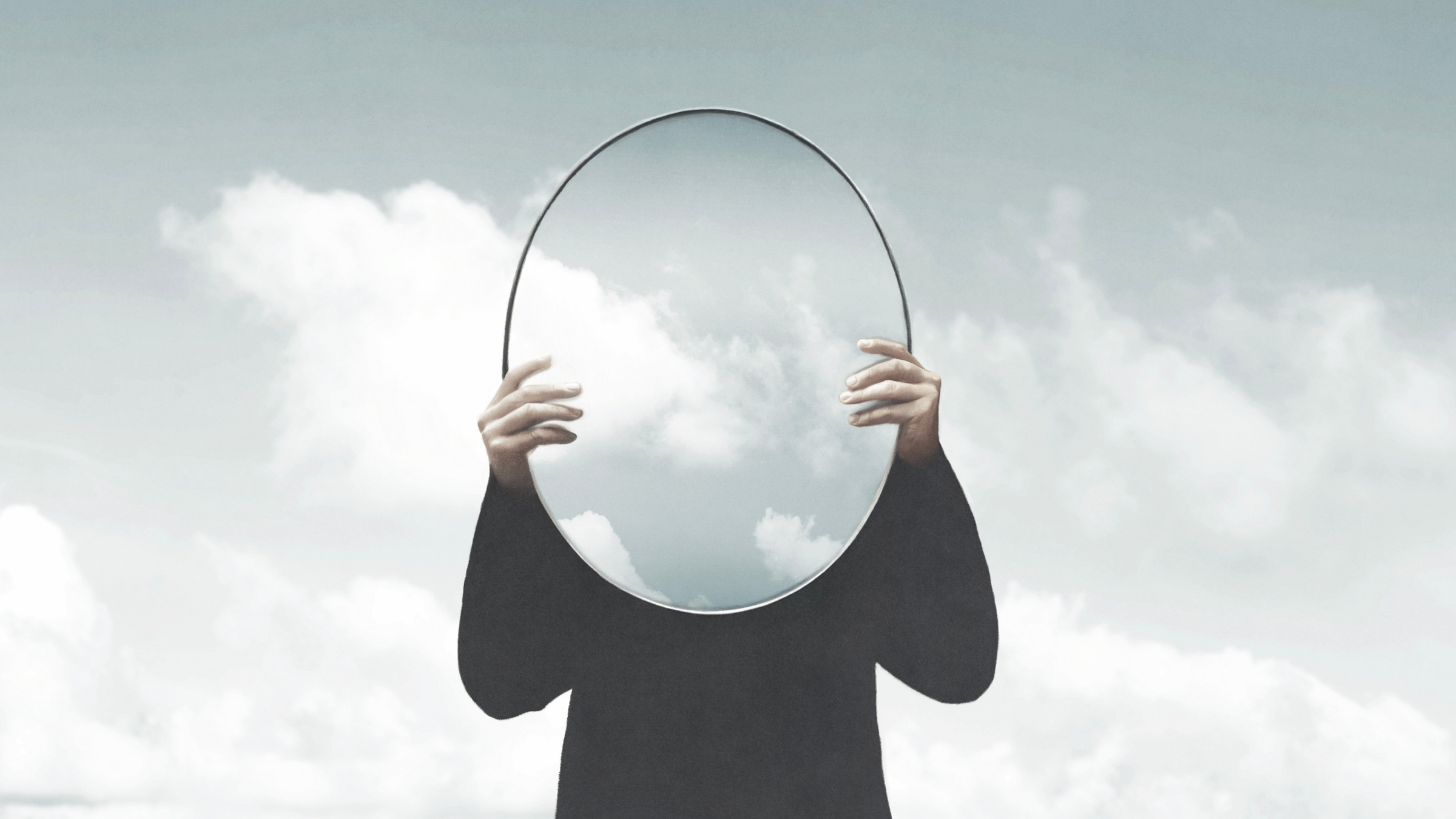 woman holding a surreal mirror among clouds, illustration