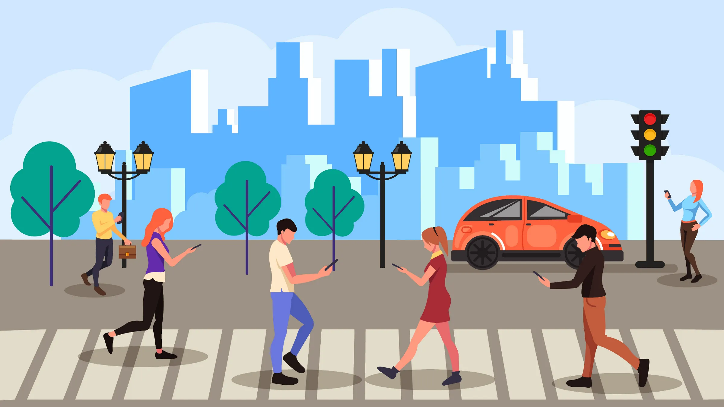 people walking and using cell phones in an urban environment, illustration