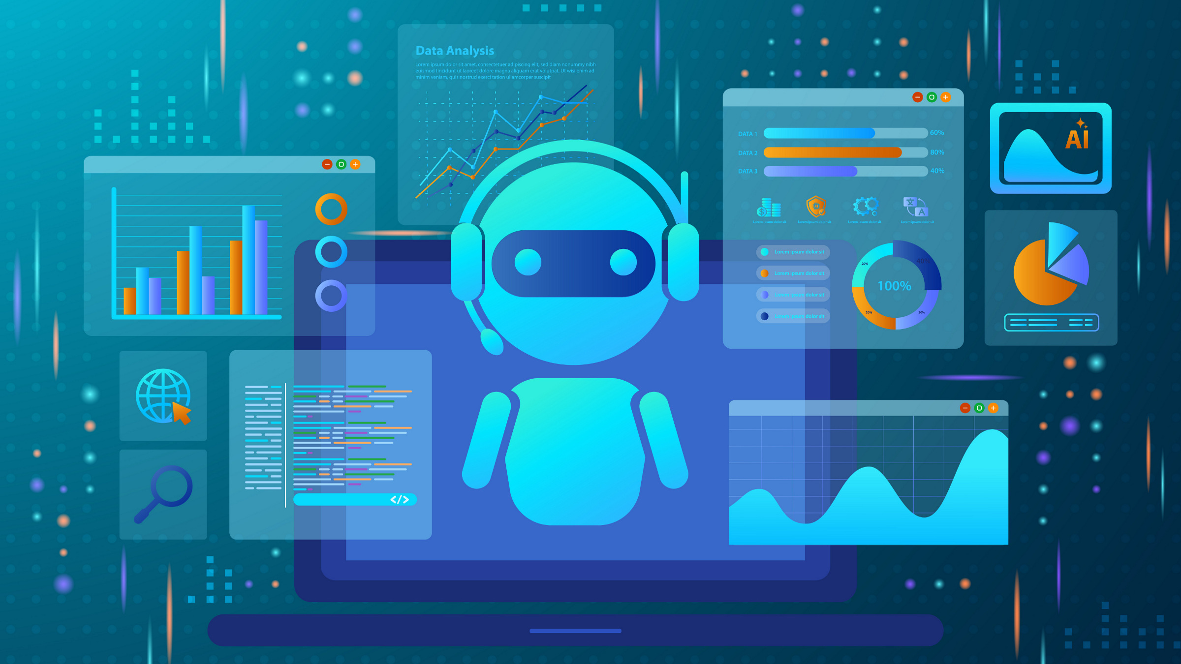 AI assistant amid charts, illustration